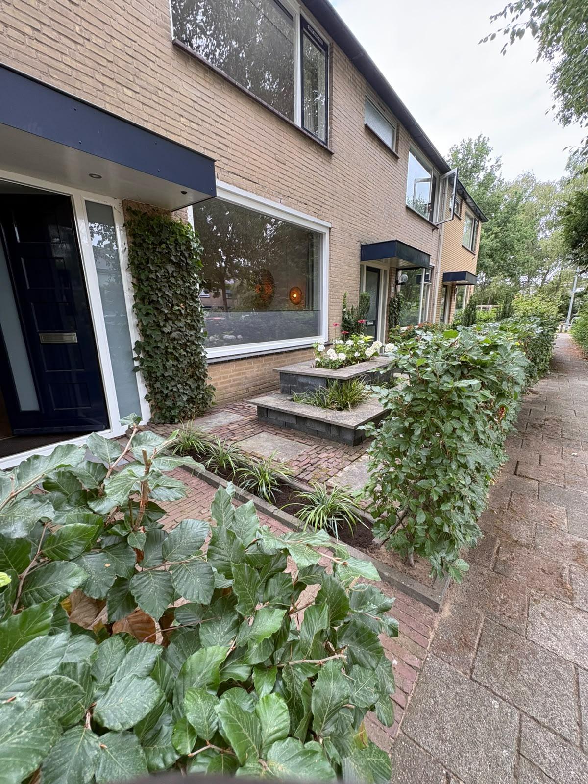 Voortuin met border en beplanting langs pad aangelegd door Franke Tuinen