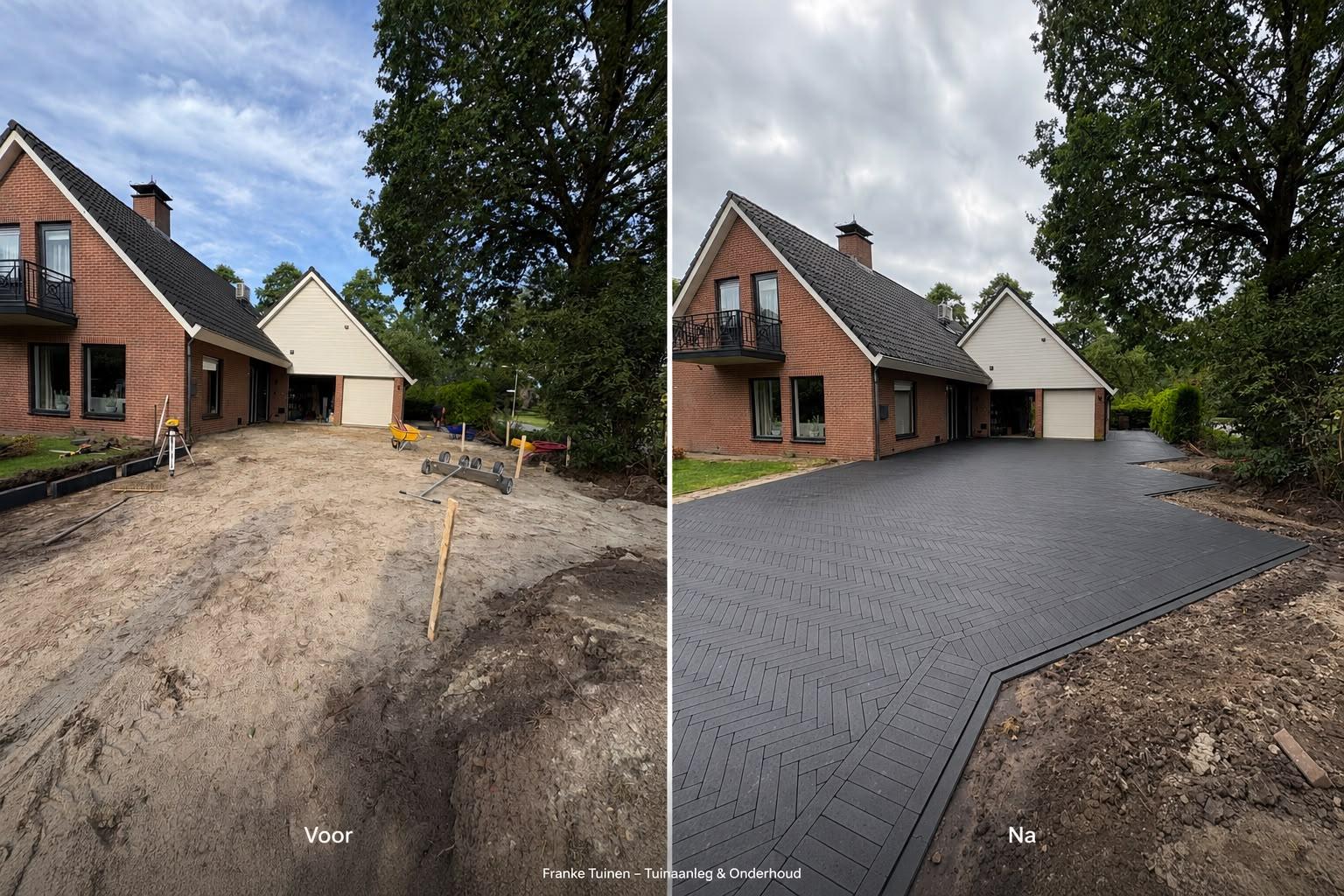 Oprit vóór en na herbestrating in donkere sierbestrating door Franke Tuinen