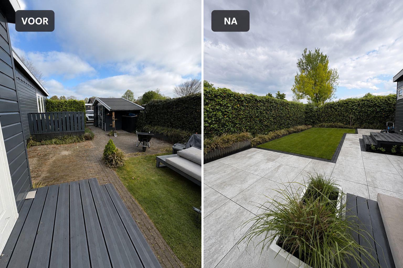 Complete tuinrenovatie voor en na — aangelegd door Franke Tuinen