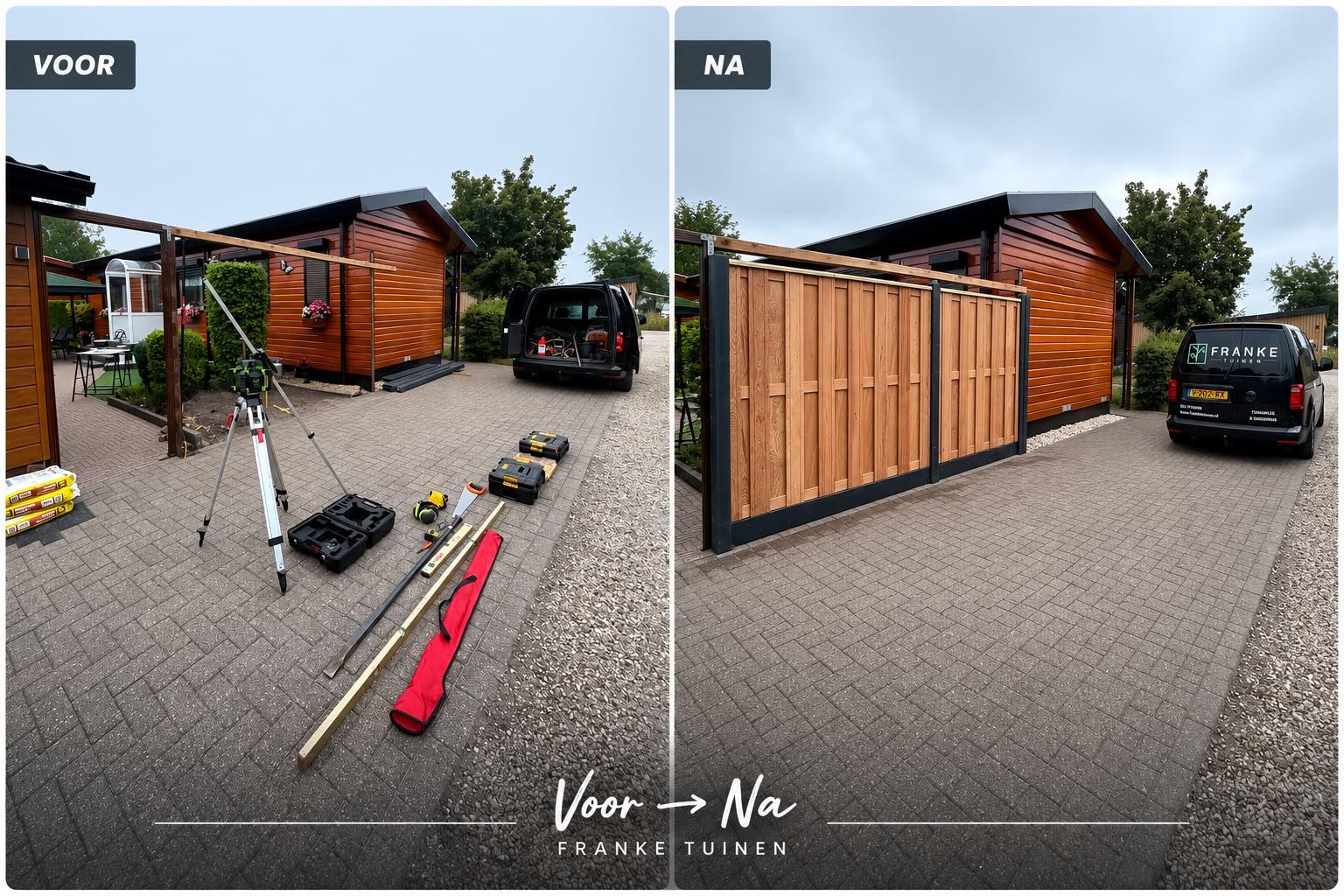 Aanleg schutting bij tuinhuis — voor en na resultaat door Franke Tuinen